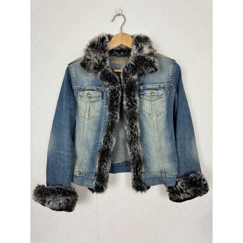 Vintage Y2K Allen B Allen Schwartz Faux Fur Trim Denim Jacket Medium Wash Small - Picture 2 of 10